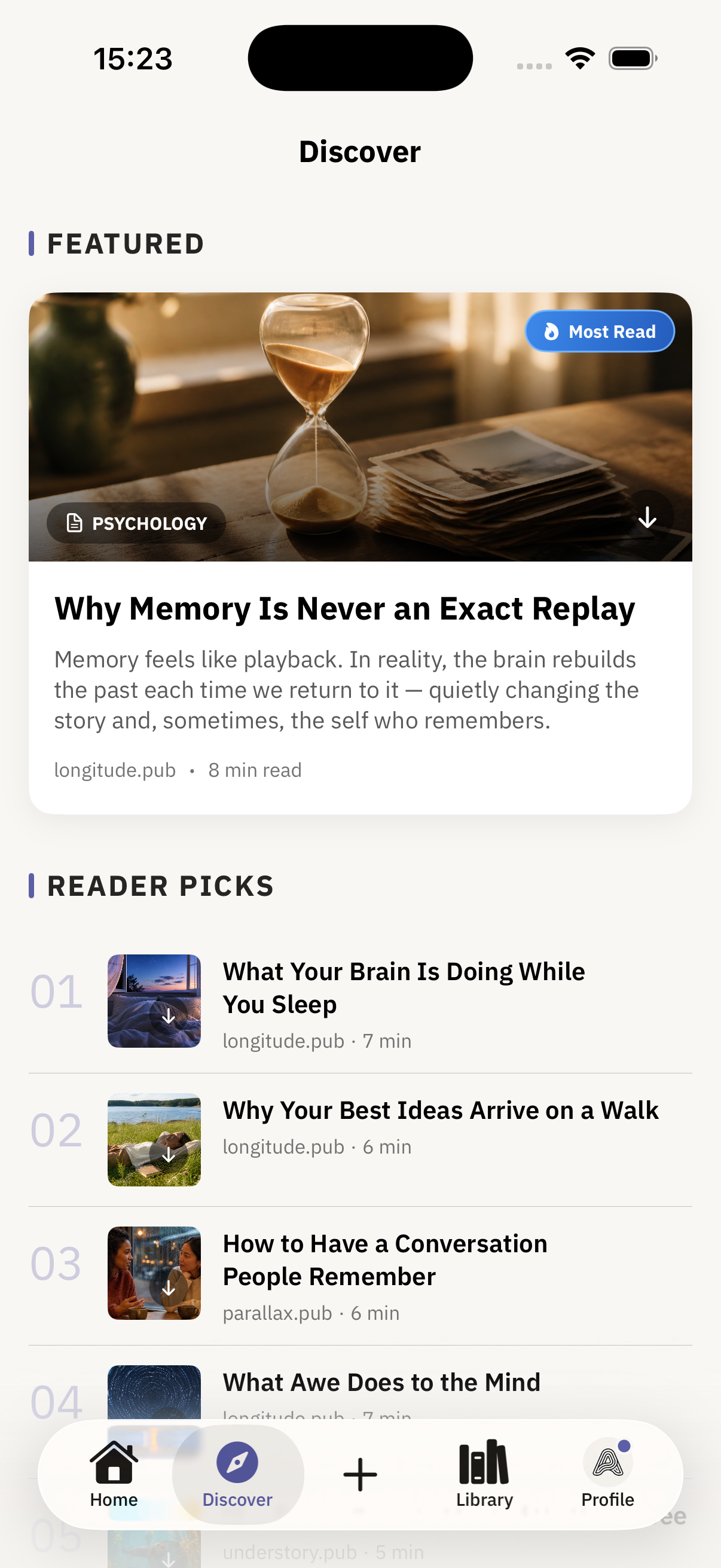 Articled Discover screen showing a curated featured article
