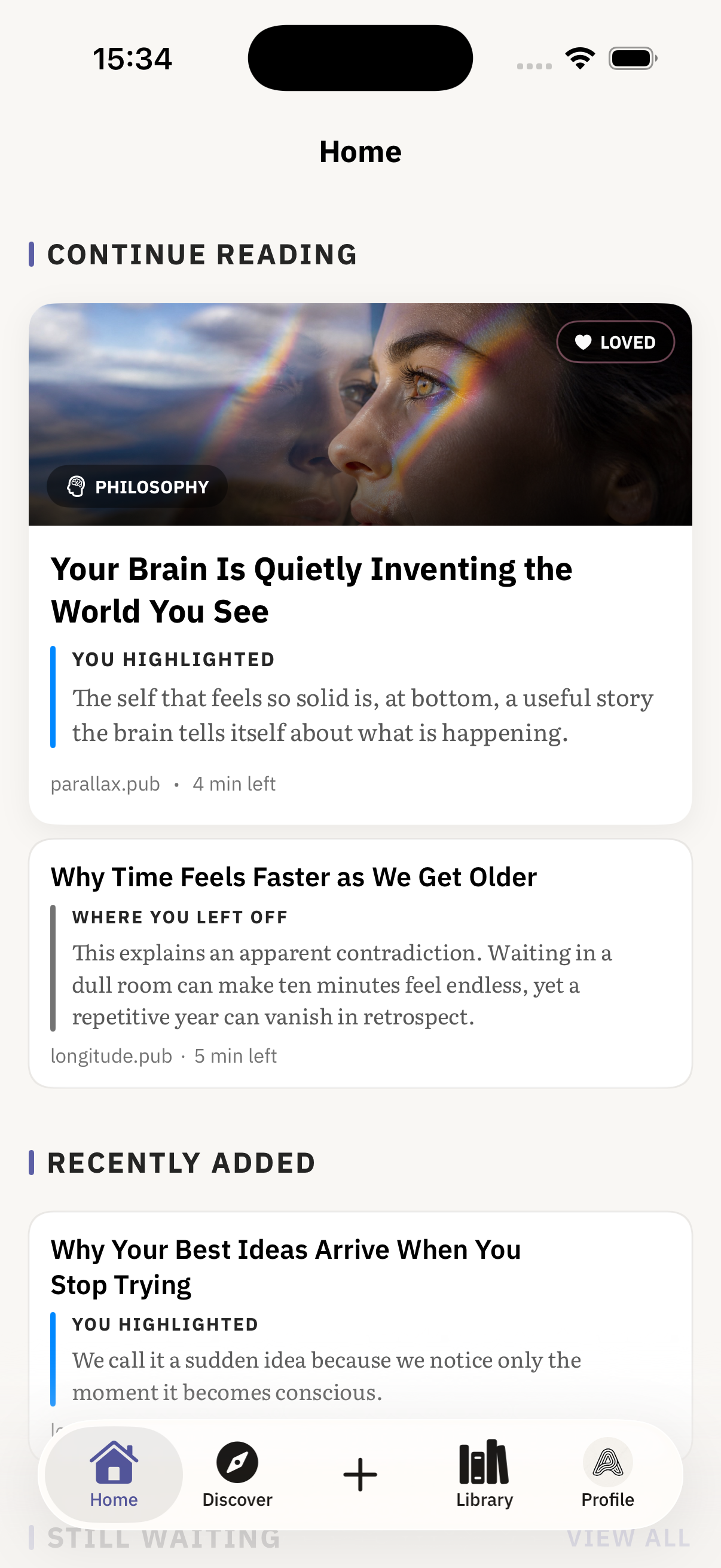 Articled Home screen showing articles to continue reading