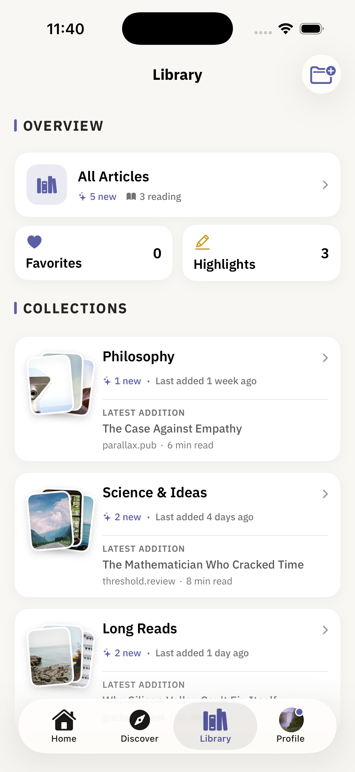 Articled Library showing collections, highlights and saved articles
