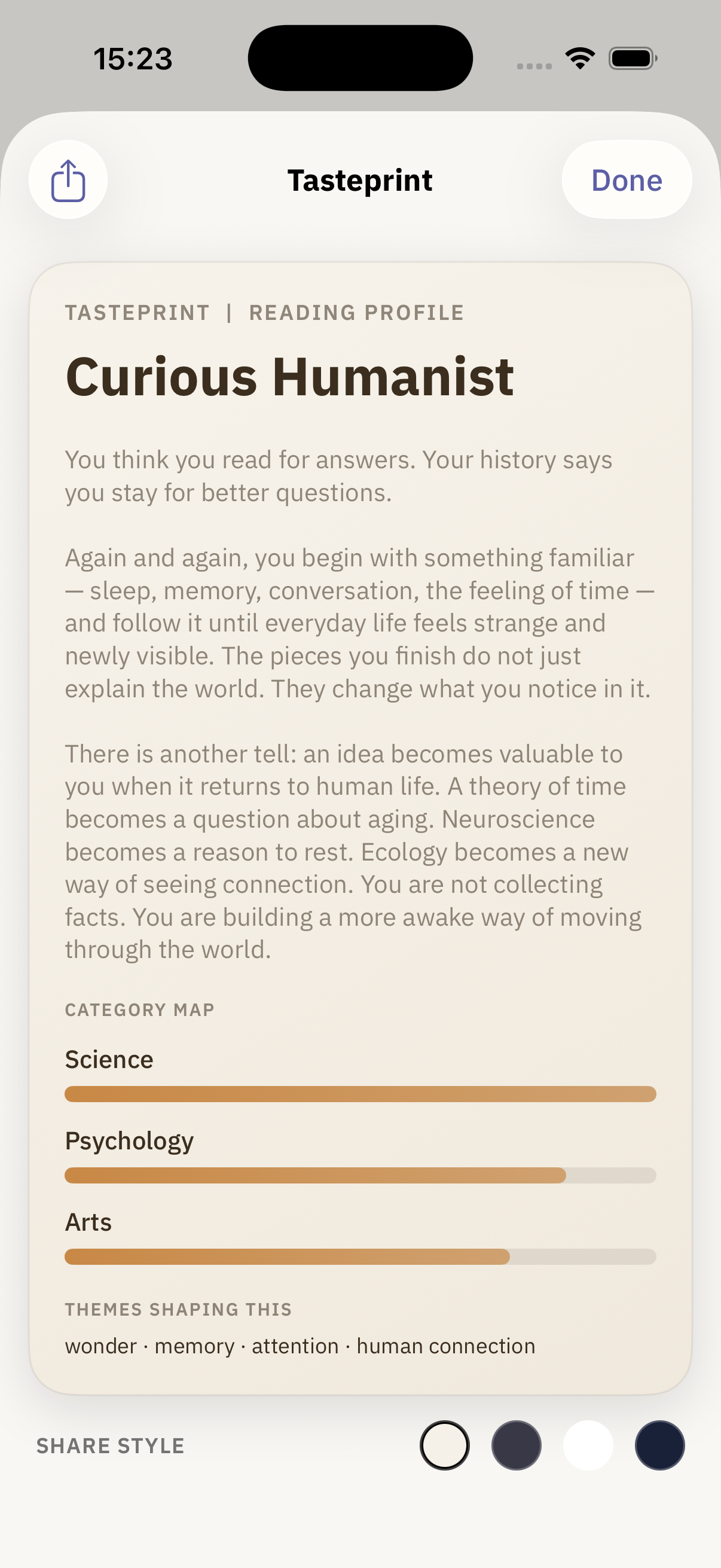 Articled Tasteprint screen showing a personal reading profile